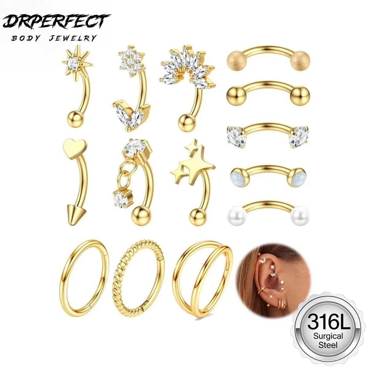 Rook Curved Barbell - Drperfect 1PC Rook sopracciglio piercing 16G